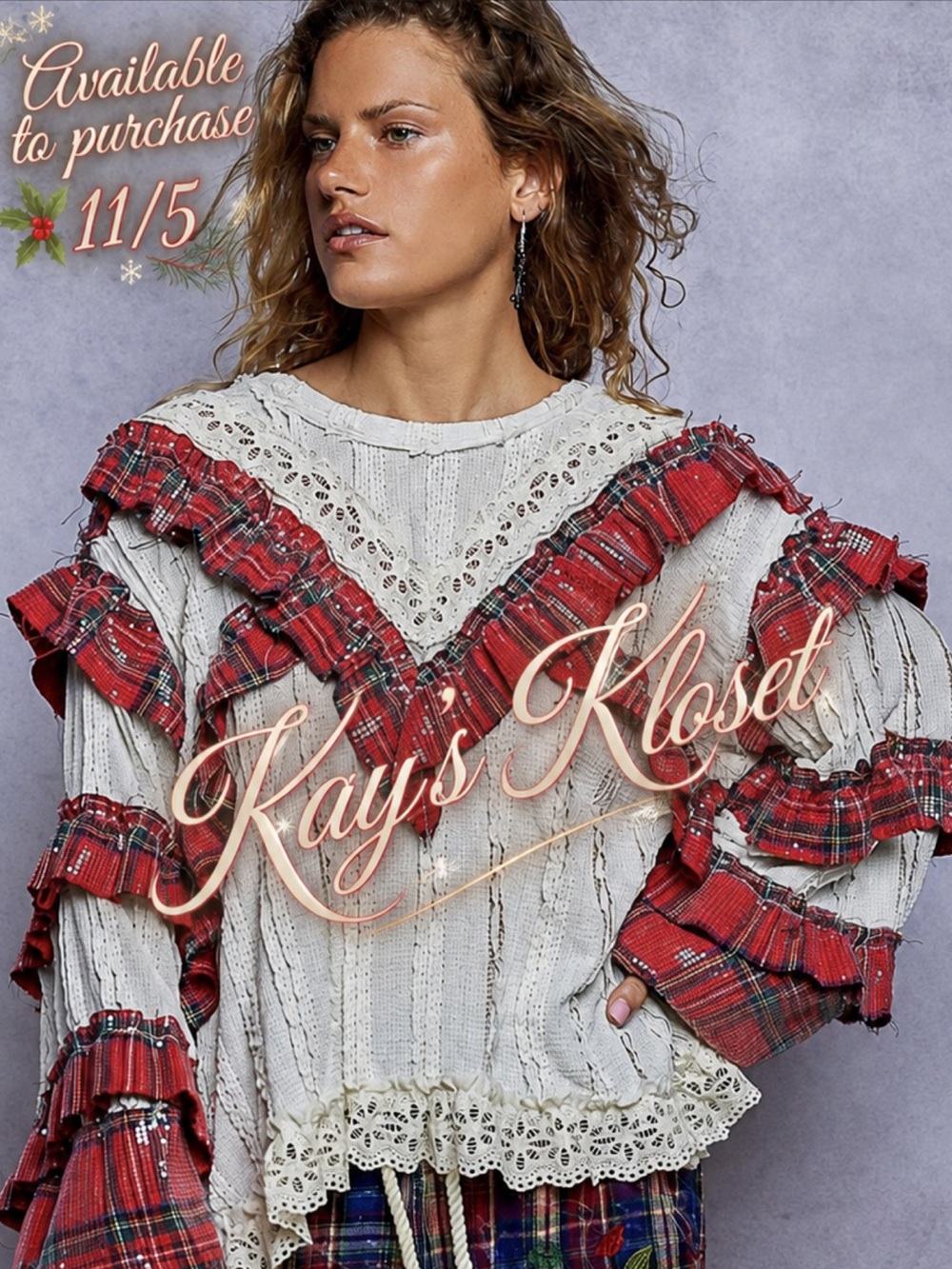 W100–(ETA 11/5💚❤️🎄)GORGEOUS CREAM Ruffle Knit Top with Red Plaid SEQUINS